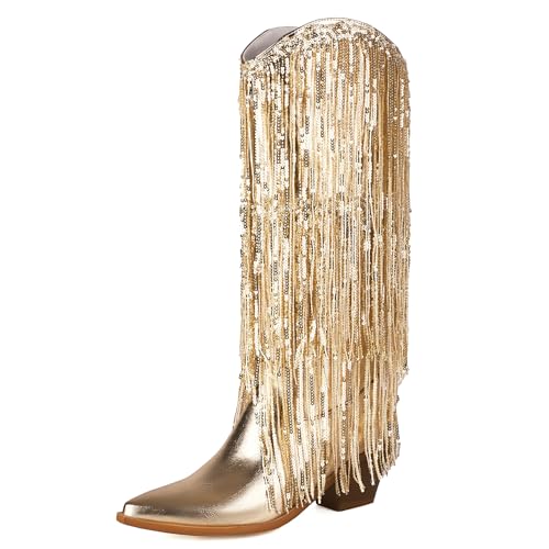 Wavyvigs Damen Cowboystiefel mit Fransen mittelhohe Wade und Quaste Partykleid Stiefel glitzernde Westernstiefel Gold Mark Size 38 von Wavyvigs