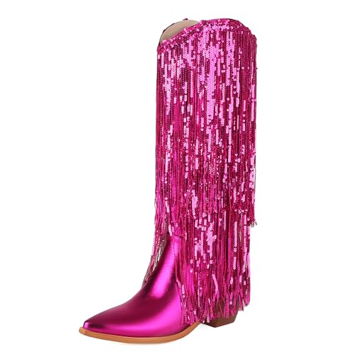 Wavyvigs Damen Cowboystiefel mit Fransen mittelhohe Wade und Quaste Partykleid Stiefel glitzernde Westernstiefel Rose Mark Size 37 von Wavyvigs