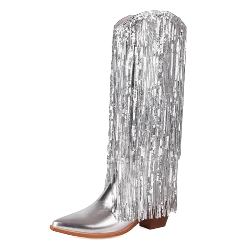 Wavyvigs Damen Cowboystiefel mit Fransen mittelhohe Wade und Quaste Partykleid Stiefel glitzernde Westernstiefel Silver Mark Size 38 von Wavyvigs