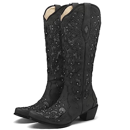 Wavyvigs Damen Retro Cowboystiefel Stickerei Cowgirl Stiefel für Damen mittelkalb Western Strassstiefel Black EU 39 von Wavyvigs