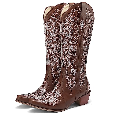 Wavyvigs Damen Retro Cowboystiefel Stickerei Cowgirl Stiefel für Damen mittelkalb Western Strassstiefel Brown EU 38 von Wavyvigs