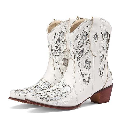 Wavyvigs Damen Retro Cowboystiefel Stickerei Cowgirl Stiefel für Damen mittelkalb Western Strassstiefel White EU 37 von Wavyvigs