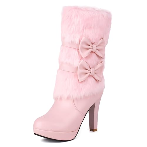 Wavyvigs Damen Stiefel mit hohem Absatz Schleife und seitlichem Reißverschluss Kunstfell Stiefel runde Zehen Winter Schneestiefel mittlere Wade Rosa Größenangabe 36 von Wavyvigs