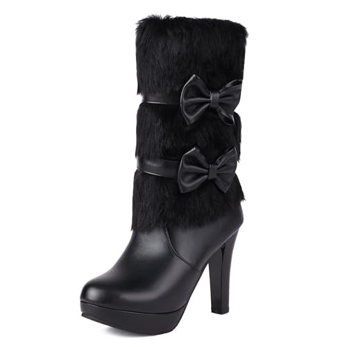 Wavyvigs Damen Stiefel mit hohem Absatz Schleife und seitlichem Reißverschluss Kunstfell Stiefel runde Zehen Winter Schneestiefel mittlere Wade Schwarz Größenangabe 39 von Wavyvigs