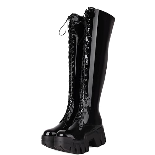 Wavyvigs Kniehohe Damen Schnürstiefel aus Leder mit klobigem Plateau Absatz und Lug Sohle Gothic Stiefel QipiSchwarz Größenangabe 39 von Wavyvigs