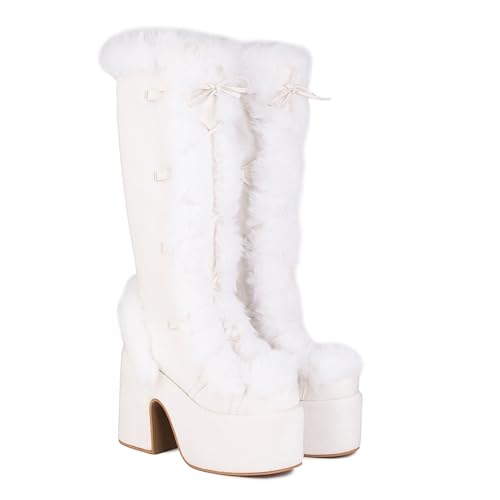 Wavyvigs Pelzige Winter Schneestiefel für Damen mit mittlerer Wade Plateau klobiger Absatz warme Stiefel zum Schnüren und Reißverschluss Weiß Größenangabe 39 von Wavyvigs