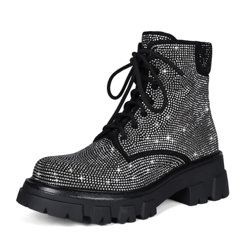 Wavyvigs Schwarze Kampfstiefel mit Strasssteinen Plateausohle klobiger Absatz Schnürstiefeletten mit Glitzer und seitlichem Reißverschluss Grey Mark Size 39 von Wavyvigs