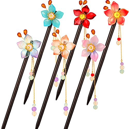 6 Stück Vintage handgefertigte Holz-Haarnadeln – traditionelle Blumen-Haarspangen, Haar-Essstäbchen, Stylingnadeln für Frauen und Mädchen (klassischer Stil) von Waydress