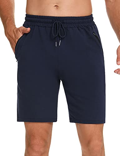 Wayleb Kurze Sporthose Herren Sommer Baumwolle Shorts Leicht Sporthose Gym Kurz Hosen Einfarbig Sweathose Jogginghose mit Reißverschlusstasche, Blau XXL von Wayleb