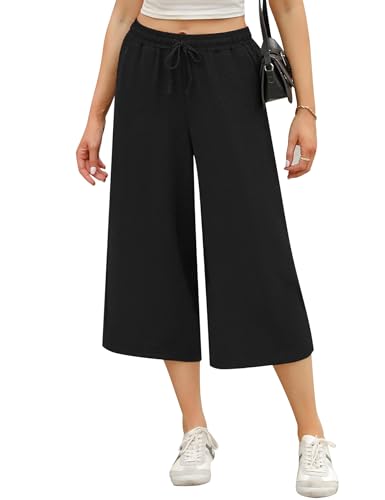 Wayleb 3/4 Damen Hose Leichte Weites Bein Sommerhose Elegant Palazzo Hose Einfarbig Damenhose Stoffhose Strandhose mit Kordelzug, Schwarz S von Wayleb