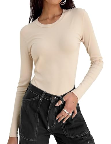 Wayleb Basic Langarmshirt Damen Baumwoll Elegant Longsleeve Unterziehshirt mit Rundhalsausschnitt für Büro Freizeit Top Beige S-XXL von Wayleb