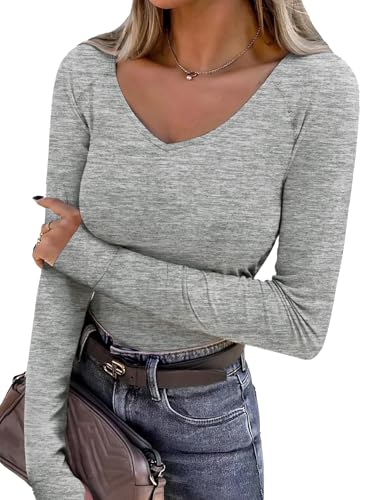 Wayleb Basic Langarmshirt Damen Casual Basic V-Ausschnitt Pullover Leichter Slim Fleecefutter Laufshirts Frühling Herbst Freizeitshirt Hellgrau S-3XL von Wayleb