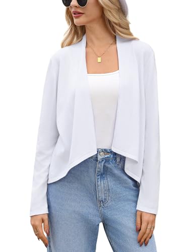 Wayleb Bolero Damen Kurz Strickjacke Langarm Knit Cardigan Leichte Kurzjacke Open Front Elegante Bolero Jäckchen Einfarbige Casual Dünne Strickmantel, Weiß S von Wayleb