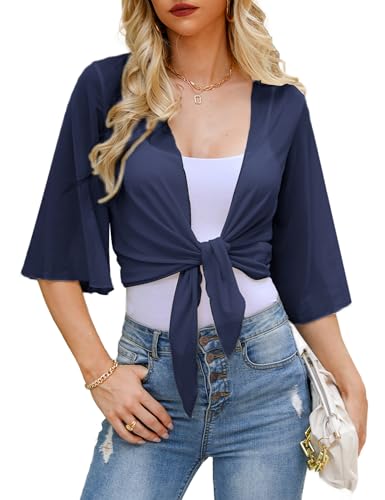 Wayleb Bolero Jacke Damen 3/4 Ärmel Kurz Cardigan Elegant Chiffon Strickjacke Kurzarm Sommer Leicht Jaeckchen Oberteile, Navy blau XL von Wayleb