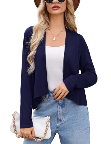 Wayleb Cardigan Damen Langarm Strickjacke Open Front Bolero Jäckchen Einfarbige Elegante Dünne Strickmantel Leichte Kurz Jäcke für Frühling und Herbst, Dunkelblau M von Wayleb