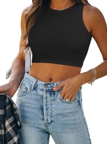 Wayleb Crop Tops Damen Ärmellos Racerback Sommer High Rundhals Tanktop Leicht Bauchfreie Tank Oberteile Einfarbig, Schwarz L von Wayleb