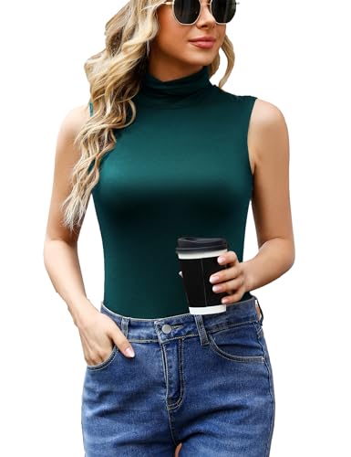 Wayleb Damen Ärmelloses Top Rollkragen Obenteil Bequem Shirt Weich Stretch Weste Sleeveless Tank-Top angenehmer Sommer einfarbiges T-Shirt Dunkelgrün L von Wayleb