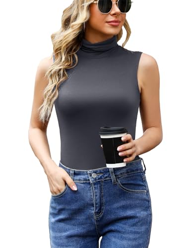 Wayleb Damen Ärmelloses Top Rollkragen Obenteil Bequem Shirt Weich Stretch Weste Sleeveless Tank-Top angenehmer Sommer einfarbiges T-Shirt Grau M von Wayleb