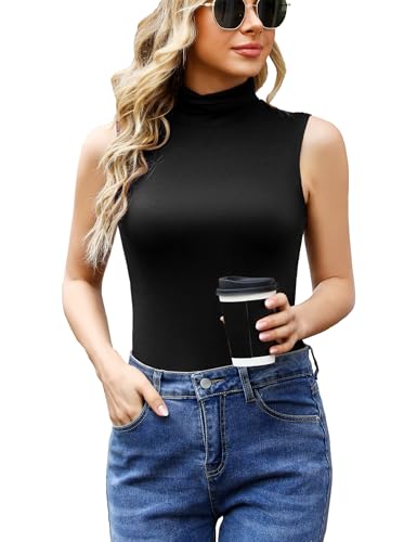 Wayleb Damen Ärmelloses Top Rollkragen Obenteil Bequem Shirt Weich Stretch Weste Sleeveless Tank-Top angenehmer Sommer einfarbiges T-Shirt Schwarz L von Wayleb