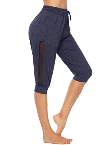 Wayleb Damen Caprihose 3/4 Sporthose Jogginghose Sommer Trainingshose Yogahose mit Tasche Freizeithose Laufhosen für Gym Fitness Marineblau,M von Wayleb