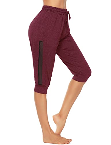 Wayleb Damen Caprihose 3/4 Sporthose Jogginghose Sommer Trainingshose Yogahose mit Tasche Freizeithose Laufhosen für Gym Fitness Rotwein,L von Wayleb