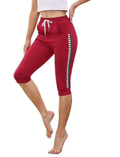 Wayleb Damen Caprihose 3/4 Sporthose Jogginghose Sommer Trainingshose Yogahose mit Tasche Freizeithose Laufhosen für Gym Fitness Rotwein-2，M von Wayleb