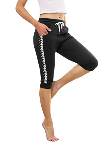 Wayleb Damen Caprihose 3/4 Sporthose Jogginghose Sommer Trainingshose Yogahose mit Tasche Freizeithose Laufhosen für Gym Fitness Schwarz-2，S von Wayleb