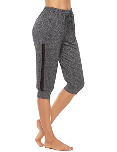 Wayleb Damen Caprihose 3/4 Sporthose Jogginghose Sommer Trainingshose Yogahose mit Tasche Freizeithose Laufhosen für Gym Fitness dunkelgrau,S von Wayleb