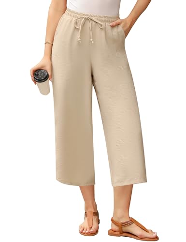 Wayleb Damen Hose Sommer Leicht 3/4 Lang Sommerhose mit Weites Bein Elegant Palazzo Hosen Freizeithose Damenhose mit Kordelzug, Aprikose XL von Wayleb