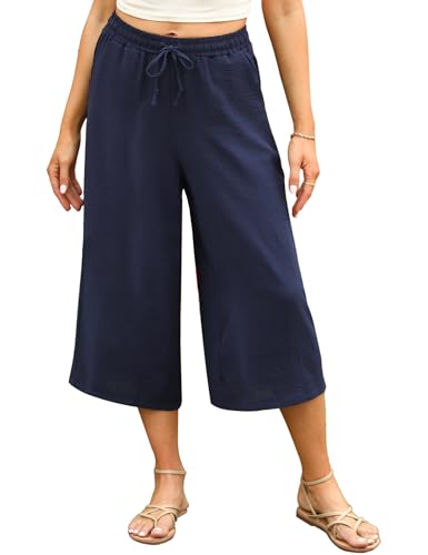 Wayleb Damen Hose Sommer Leicht 3/4 Lang Sommerhose mit Weites Bein Elegant Palazzo Hosen Freizeithose Damenhose mit Kordelzug, Blau XL von Wayleb