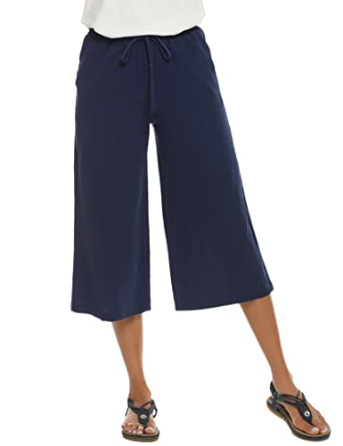 Wayleb Damen 3/4 Hosen Leichte Sommerhose Weite Hose Freizeithose mit Taschen und Weitem Bein, Marineblau S von Wayleb