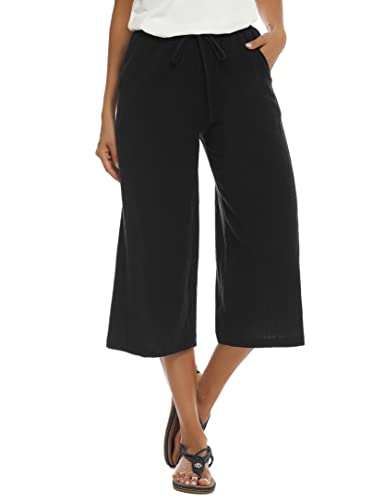 Wayleb Damen 3/4 Hosen Leichte Sommerhose Weite Hose Freizeithose mit Taschen und Weitem Bein, Schwarz S von Wayleb