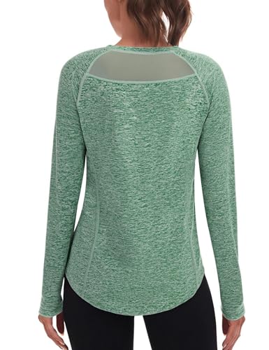 Wayleb Damen Langarm Tshirt Sport Rundhals Mesh am Rücken Belüftend Fitness Oberteile für Dauerhaftes Training und Yoga Grün S-XXL von Wayleb