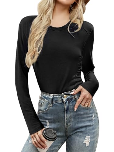 Wayleb Damen Langarmshirt Basic Baumwolle Rundhals Elegant Leichtes Top für Alltag Freizeit Shirt Pullover mit Feiner Passform Schwarz XS-XXL von Wayleb