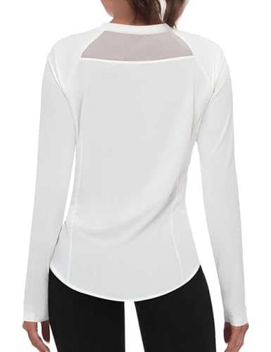 Wayleb Damen Langarmshirt Basic Rundhals Mesh am Rücken Lässig Sweatshirt für Regelmäßiges Yoga und Sportübungen Sportswear Weiß S-XXL von Wayleb