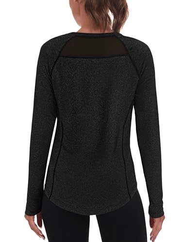 Wayleb Damen Langarmshirt Sport Rundhals Mesh am Rücken Belüftend Basic Top für Intensives Workout und Fitness Training Shirt Schwarz B S-XXL von Wayleb