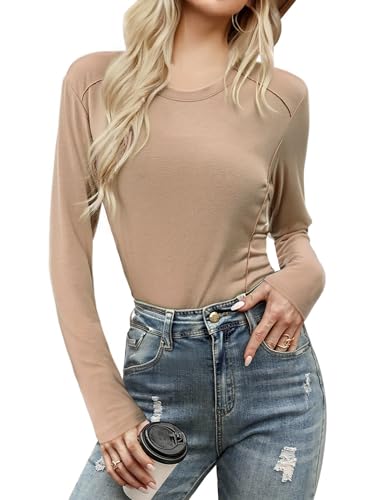 Wayleb Damen Langarmshirt Sport Rundhalsausschnitt Yoga Top für Training Fitness T-Shirt mit Bequemer Passform Kaki XS-XXL von Wayleb