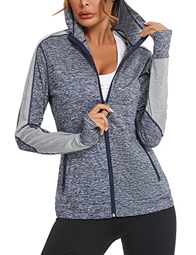 Wayleb Damen Laufjacke Sportjacke Langarm Trainingsjacke Kapuzenjacke Sweatjacke Atmungsaktive mit Daumenloch und Tasche Für Laufen Yoga Fitness Blau XL von Wayleb