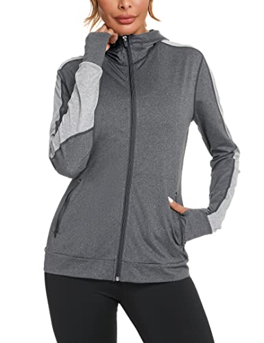 Wayleb Damen Laufjacke Sportjacke Langarm Trainingsjacke Kapuzenjacke Sweatjacke Atmungsaktive mit Daumenloch und Tasche Für Laufen Yoga Fitness Dunkelgrau, M von Wayleb