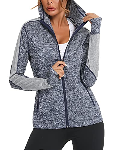 Wayleb Damen Laufjacke Sportjacke Langarm Trainingsjacke Kapuzenjacke Sweatjacke Atmungsaktive mit Daumenloch und Tasche Für Laufen Yoga Fitness Blau M von Wayleb
