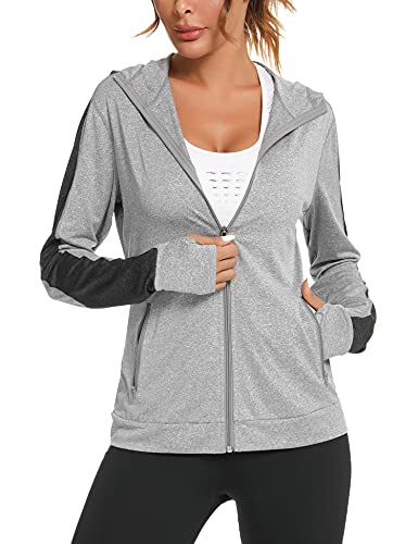 Wayleb Damen Laufjacke Sportjacke Langarm Trainingsjacke Kapuzenjacke Sweatjacke Atmungsaktive mit Daumenloch und Tasche Für Laufen Yoga Fitness Grau L von Wayleb