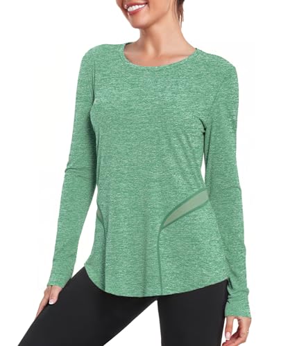 Wayleb Damen Oberteil Langarm Basic Rundhals Mesh an den Seiten Chic Längeres Top für Outdoor Aktivitäten und Waldläufe Shirt Hellgrün S-3XL von Wayleb