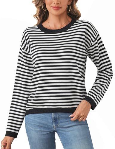 Wayleb Damen Pullover Rundhals Gestreift Dünn Atmungsaktiv Casual Strickpullover Strick Pullower Sweater Pulli, Schwarz-Weiß S von Wayleb