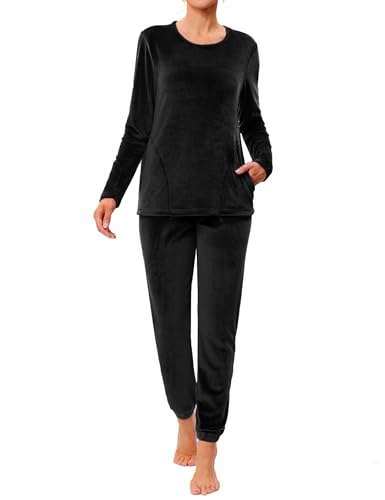 Wayleb Damen Pyjama Set Lang Zweiteiler mit Rundhals Samt‑Fleece Hausanzug Nachtwäsche Warm Weich Langarm Oberteile mit Hose 2er für Winter Zuhause, Schwarz -B, XXL Wayleb Damen Pyjama Set Lang Zweiteiler mit Rundhals Samt‑Fleece Hausanzug Nachtwäsche Warm Weich Langarm Oberteile mit Hose 2er für Winter Zuhause, Schwarz -B, XXL von Wayleb