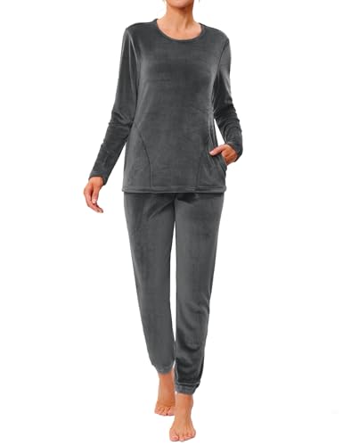Wayleb Damen Pyjama Set Rundhals Langarm Hausanzug Samtweich 2 Teilig Velours Freizeitanzug Frauen Nachtwäsche Pullover mit Tasche mit Gummizug Hose Hausanzug, Dunkelgrau -B, XL von Wayleb