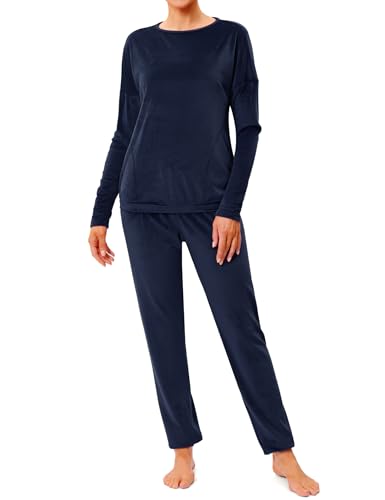 Wayleb Damen Pyjama Set Zweiteiler Flanell Schlafanzug Lang Rundhals Drop Shoulder Warm Hausanzug Pullover mit Pajama Hose für Herbst Winter, Navy blau -A, 3XL von Wayleb
