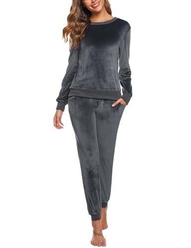 Wayleb Damen Schlafanzug Lang Velour Pyjama Set Langarm Rundhals Flanell Loungewear Freizeitanzug Zweiteiliger Homewear Kuschelig Samtanzug Sportanzug Jogginganzug mit Tasche, Grau S von Wayleb