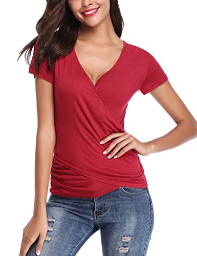 Wayleb Damen Sexy Kurzer/Langarm/Ärmelloses Top Oberteile V-Ausschnitt Blusen Atmungsaktiv Casual Top Shirt Rotwein#3, L von Wayleb