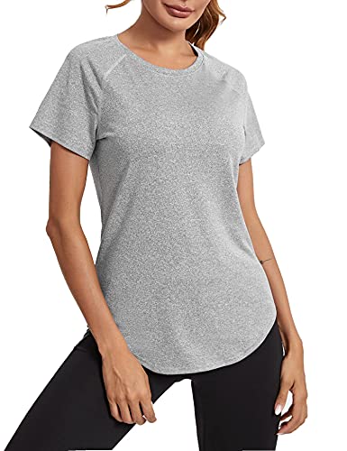 Wayleb Damen Sport T-Shirt Mesh Laufshirt Shortsleeve Yoga Tops Kurzarm Fitness Blusen Atmungsaktiv Oberteile Gym Casual Shirt Hellgrau M von Wayleb