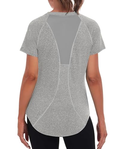 Wayleb Damen Sport T-Shirt Back Mesh Laufshirt Sportshirt Kurzarm Rundhals Sportoberteile Atmungsaktiv Funktionsshirt Trainingsshirt Gym Longshirt Yoga Tops, Hellgrau XXL von Wayleb